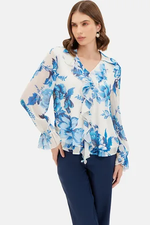 Kazo Floral Print V Neck Chiffon Shirt Style Top
