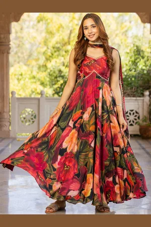 Ambraee Floral Printed V-Neck Sleeveless Anarkali Kurta