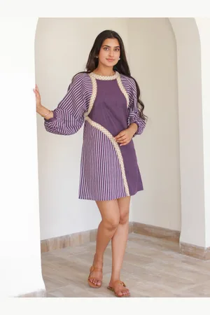 Ambraee Round Neck Bishop Sleeves Lace-Up Striped Above Knee A-Line Cotton Dress