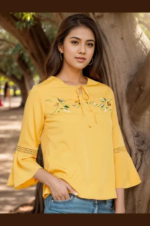 Rare Fashion Mustard Yellow Tie-Up Neck Bell Sleeves Embroidered Crepe Top