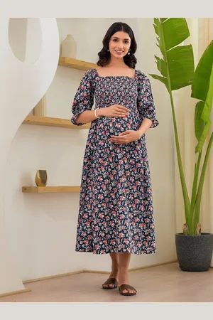 Aujjessa Floral Printed Puff Sleeves Maternity A-Line Midi Dress