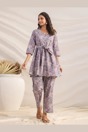 Janasya Grey Printed Pure Cotton V-Neck Top & Trouser Co-ord Set