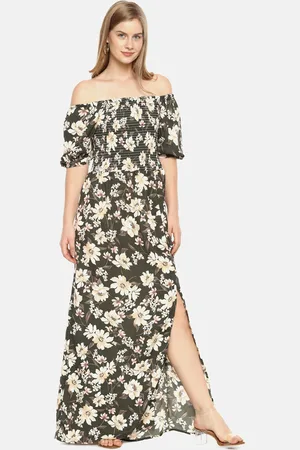 Campus Olive Green Floral Off-Shoulder Crepe Maxi Dress