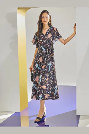 Crimsoune Club Floral Printed V-Neck Flutter Sleeve Fit & Flare Midi Dress