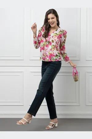 BEATNIK Georgette V Neck Long Sleeves Floral Print Top