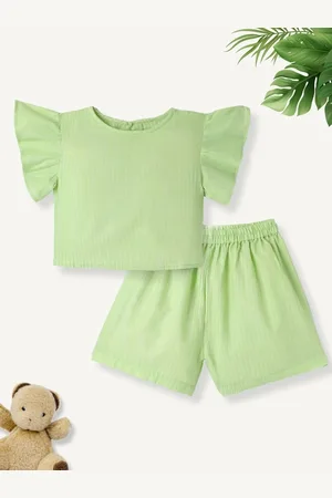 FUNKRAFTS Girls Striped Flutter Sleeves Pure Cotton Top & Shorts