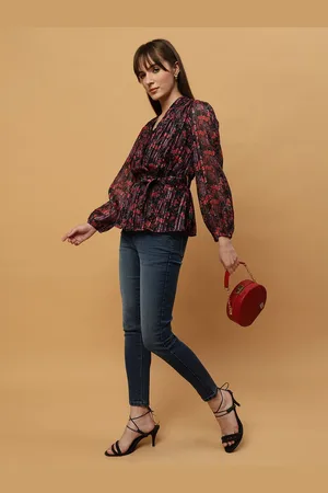 BEATNIK Floral Printed V-Neck Long Sleeves Wrap Top