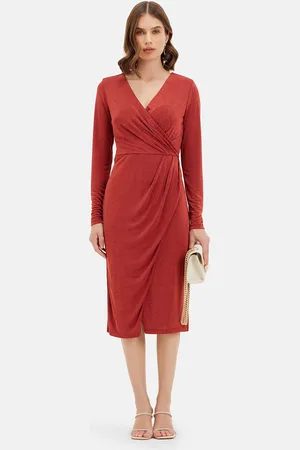 Kazo V-Neck Ruched Satin Wrap Midi Dress