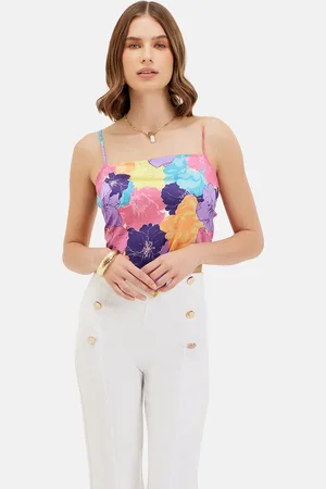 Kazo Satin Shoulder Straps Sleeveless Floral Print Top