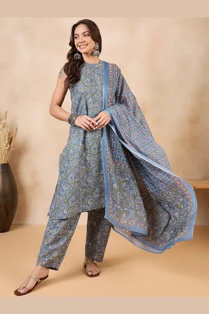 InWeave Floral Printed Regular Pure Cotton Straight Kurta With Trousers & Dupatta