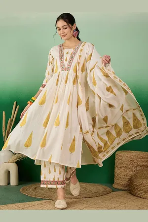 Sangria Ethnic Motifs Printed Pure Cotton V-Neck A-Line Kurta With Trousers & Dupatta