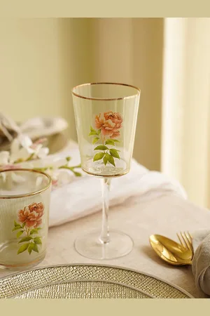 Pure Home and Living Transparent 2 Pieces Floral Print Striped Wine Glasses