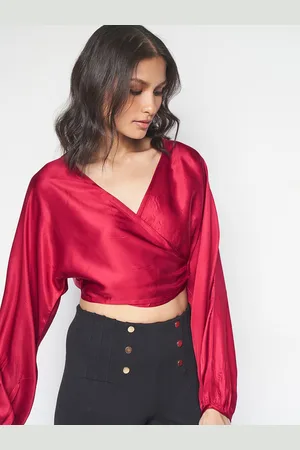 AND V-Neck Cuffed Sleeves Wrap Crop Top