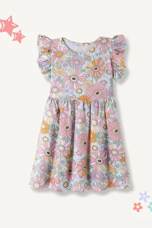 FUNKRAFTS Girls Floral Print Flutter Sleeves Gathered Or Pleated Cotton Fit & Flare Dress