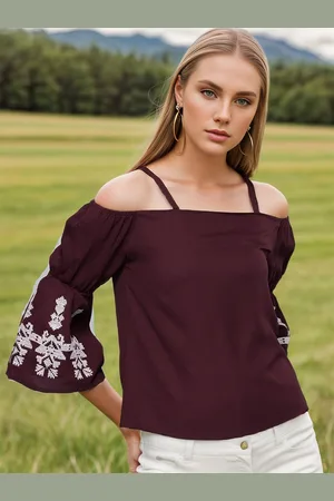 Rare Fashion Maroon Off Shoulder Bell Sleeves Embroidered Top