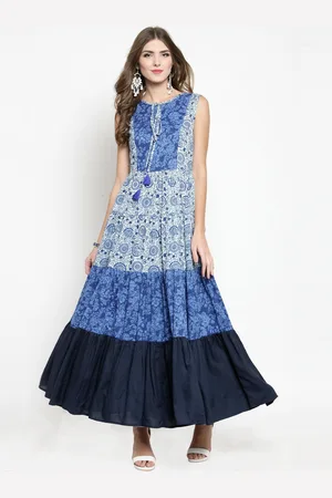 Sera Women Blue & Off-White Tiered Print A-Line Kurta