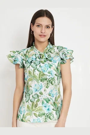 CHARMGAL Floral Print Tie-Up Neck Flutter Sleeve Regular Top