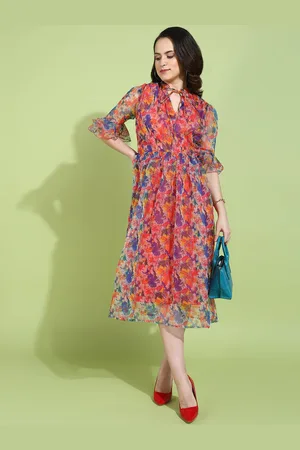 DODO & MOA Women Floral Print Tie-Up Neck Bell Sleeve Fit & Flare Midi Dress