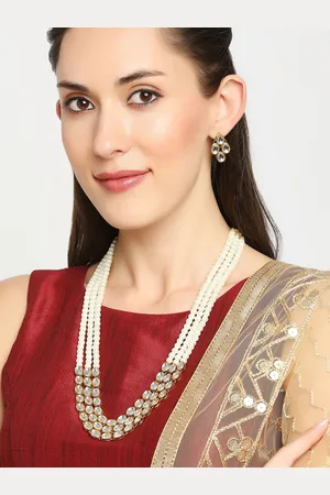 OOMPH White & Gold-Toned Kundan Studded & Pearls Beaded Jadau Jewellery Set