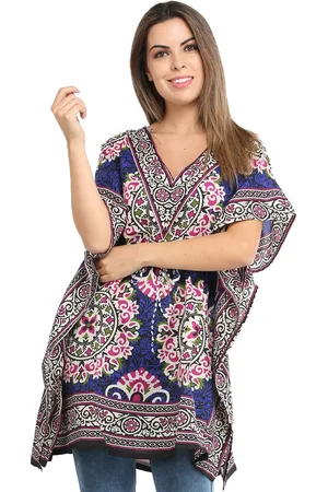 Exotic India Deep Ultramarine Short Florals Printed Kaftan with and Dori at Waist