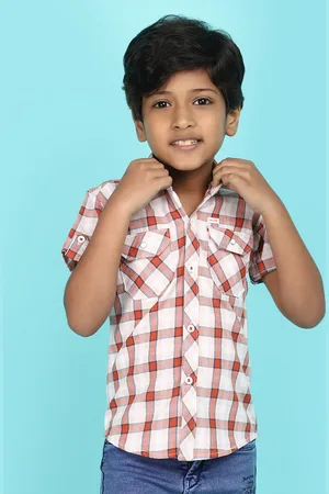 V-Mart Boys Tartan Checked Spread Collar Roll-Up Sleeves Casual Shirt