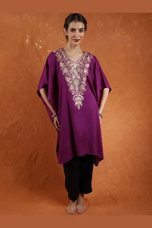 Exotic India Pure Wool Kashmiri Short Kaftan with Tilla Embroidery on Neck