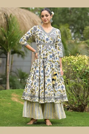 Divena World Floral Printed Round Neck Three-Quarter Sleeves Pure Cotton Kurta with Palazzos