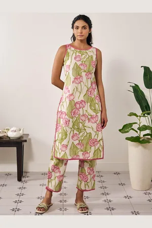 anayna Floral Printed Round Neck Thread Work Straight Kurta with Trousers