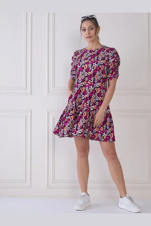 Antheaa Floral Print Puff Sleeve Crepe A-Line Dress
