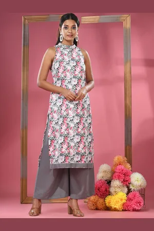 Charukriti Floral Printed High Neck Sleeveless Georgette A-Line Kurta