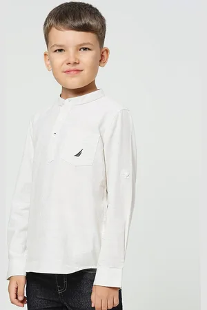 Nautica Boys Premium Pinstripes Mandarin Collar Cotton Striped Casual Shirt