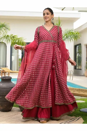 Divena World Printed Flared Sleeves Thread Work Floral Anarkali Kurta
