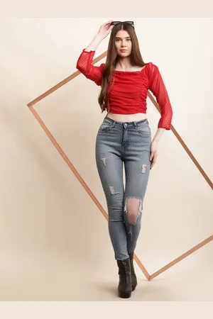 Kalini Geometric Printed Square Neck Georgette Crop Top
