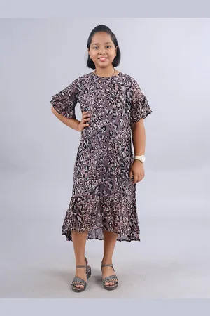 KiddoPanti Girls Animal Printed Flared Sleeve Round Neck Fit & Flare Midi Dress
