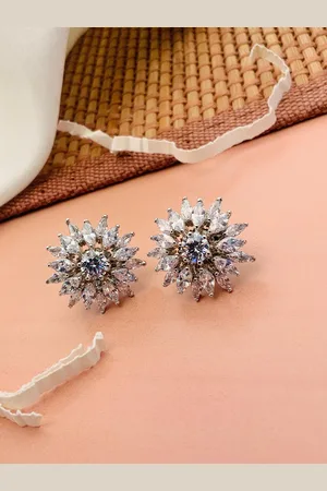 ABDESIGNS Silver-Plated American Diamond-Studded & Beaded Floral Studs Earrings