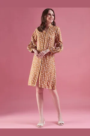 DressBerry Mustard Checked Printed Bell Sleeve Shirt Dress