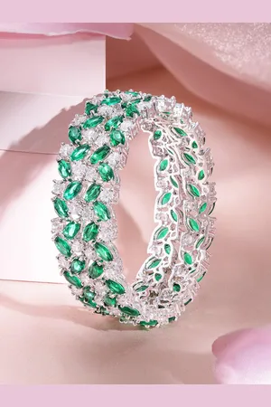 Rubans Women Rhodium Plated Emerald Stone Studded Set od 2 Bangles
