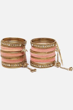 Anouk Peach Coloured Set Of 56 Gold-Plated CZ-Studded Tasselled Velvet Bangles