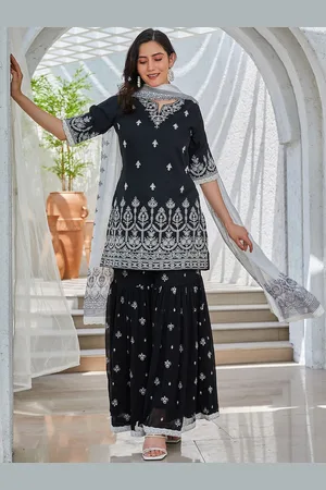 Biba Ethnic Motifs Embroidered Straight Kurta With Sharara & Dupatta
