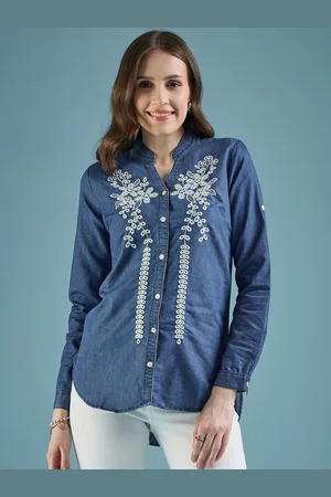 DressBerry Blue Floral Self Design Denim Opaque Casual Shirt