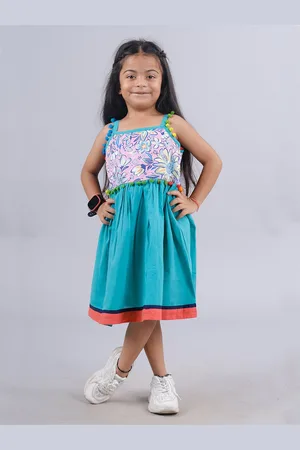 KiddoPanti Girls Floral Printed Shoulder Straps Sleeveless Cotton Fit & Flare Dress