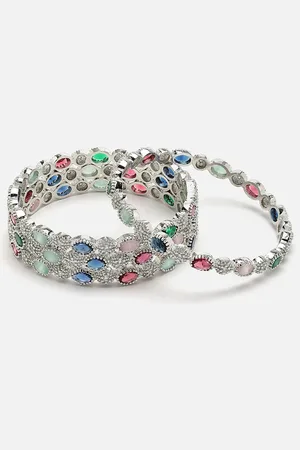 Anouk Blue Set Of 4 Rhodium-Plated AD Studded Bangles
