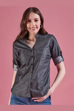 DressBerry Grey Classic Mandarin Collar Denim Casual Shirt