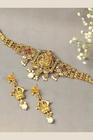 OOMPH Artificial Stones Studded & Pearls Beaded Temple Jewellery Set