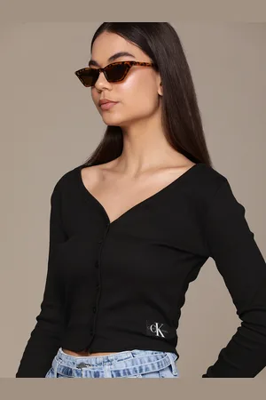 Calvin Klein Solid Shirt Style Ribbed Crop Top