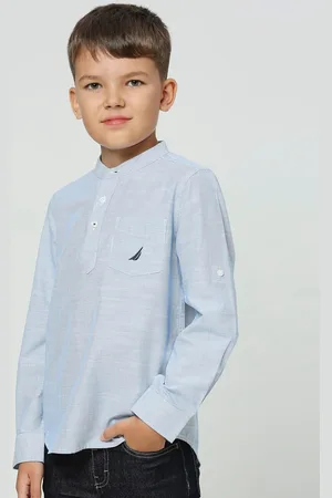 Nautica Boys Premium Mandarin Collar Curved Cotton Casual Shirt