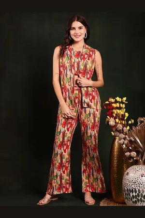 Claura Red Abstract Printed Round Neck Sleeveless Top With Trousers & Jacket