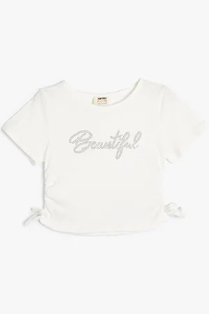 Koton Girls Self Design Round Neck Embellished Cotton T-shirt