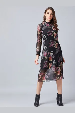 ATHENA Women Black Floral Print Fit and Flare Dress