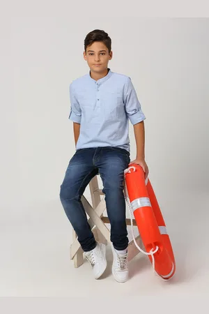 Nautica Boys Premium Self Design Band Collar Roll-Up Sleeves Cotton Casual Shirt